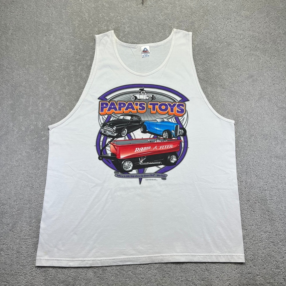 VINTAGE Papa's Toys Tank Top‎ 3XL White Radio Flyer Hot Rod Classic Cars Graphic